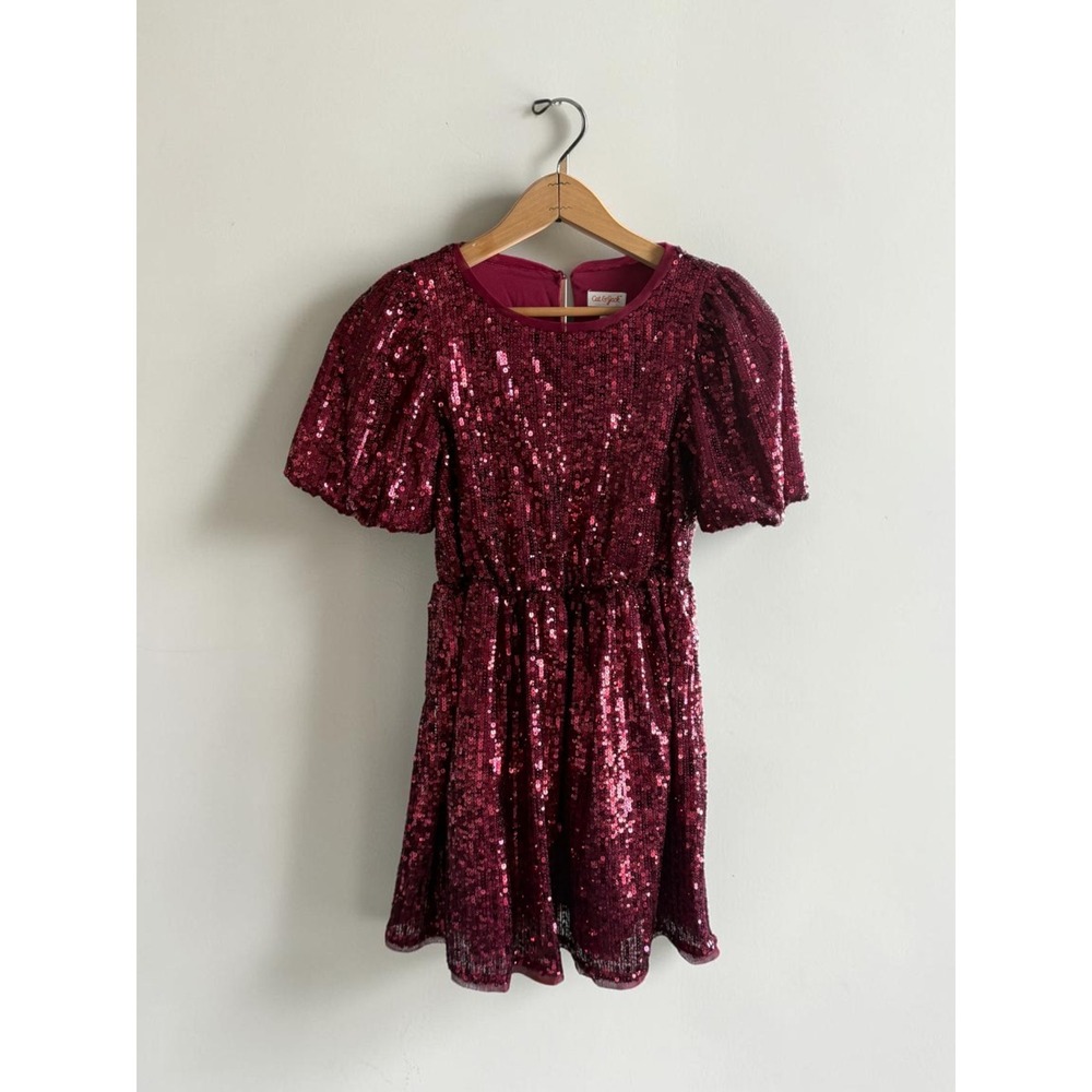 Cat & Jack Girls Burgundy Sequin Puff Sleeve Party Dress Size L 10/12 Holiday